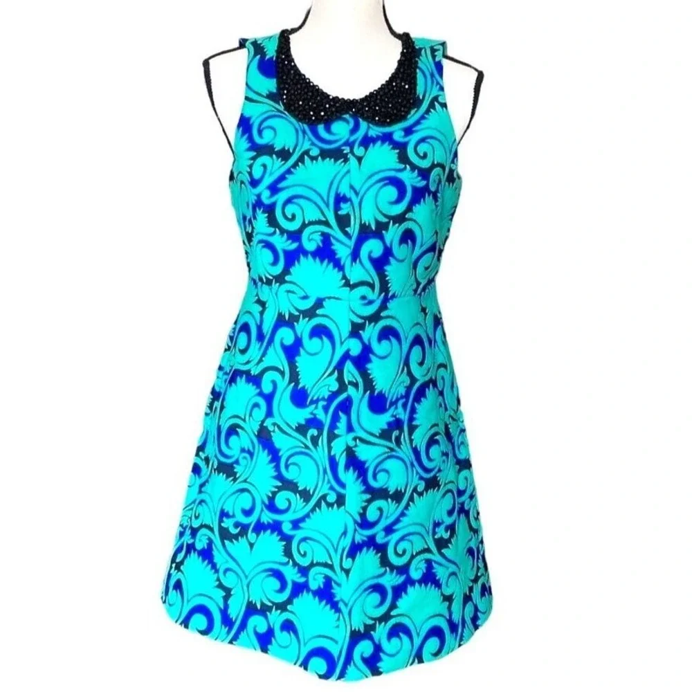 Stunning Sleeveless Beaded Collar Dress Bold Blue Teal Print A-Line‎ Women 4